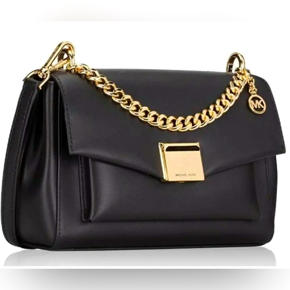 New MICHAEL KORS LITA MEDIUM BLACK LEATHER GOLD CHAIN CROSSBODY SHOULDER BAG NWT